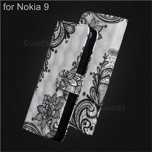 Black Lace Flower 3D Painted Leather Wallet Case for Nokia 9