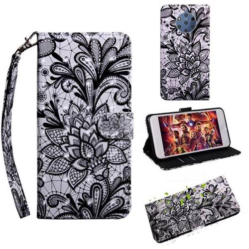 Black Lace Rose 3D Painted Leather Wallet Case for Nokia 9 PureView