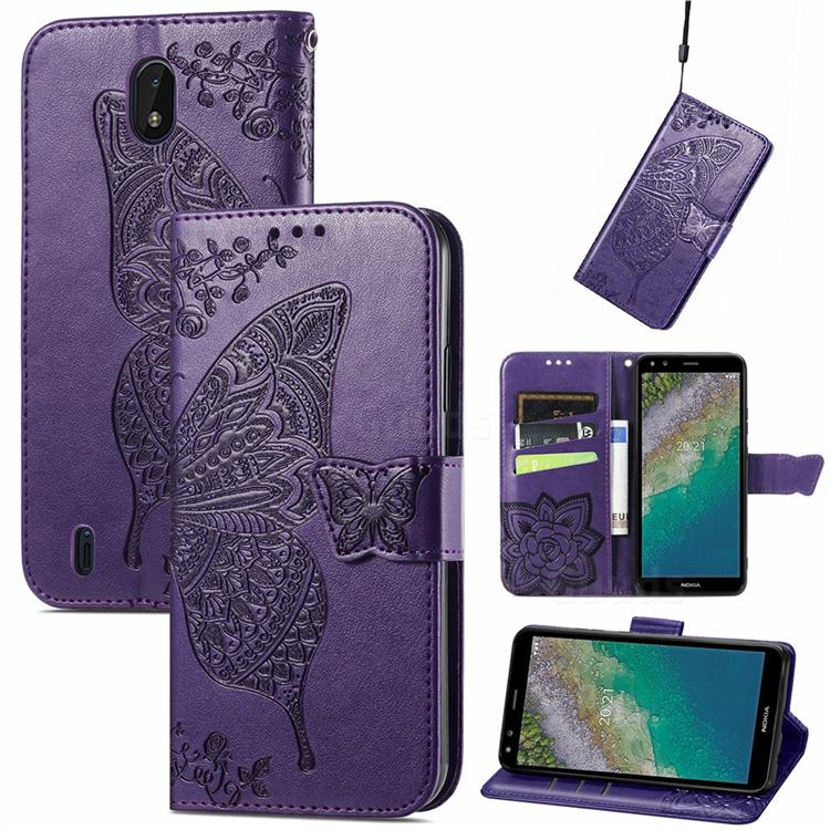 Embossing Mandala Flower Butterfly Leather Wallet Case for Nokia C01 Plus - Dark Purple