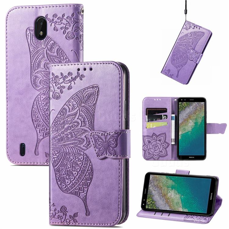 Embossing Mandala Flower Butterfly Leather Wallet Case for Nokia C01 Plus - Light Purple