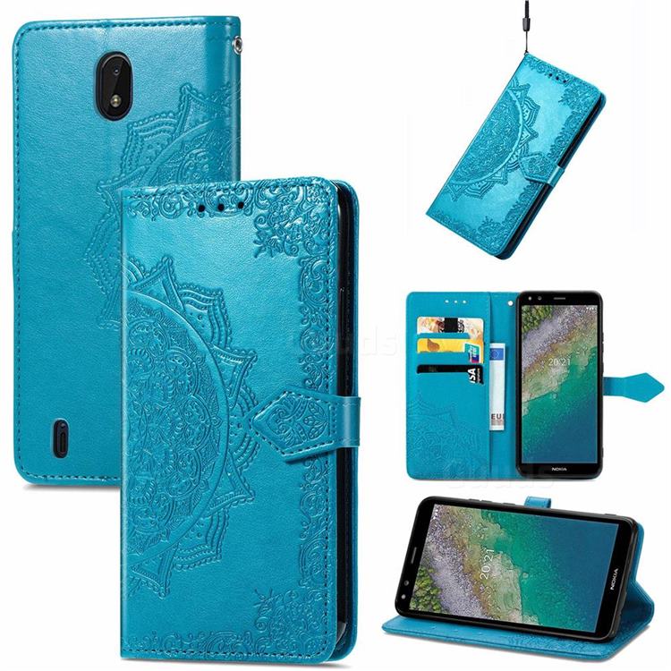 Embossing Imprint Mandala Flower Leather Wallet Case for Nokia C01 Plus - Blue