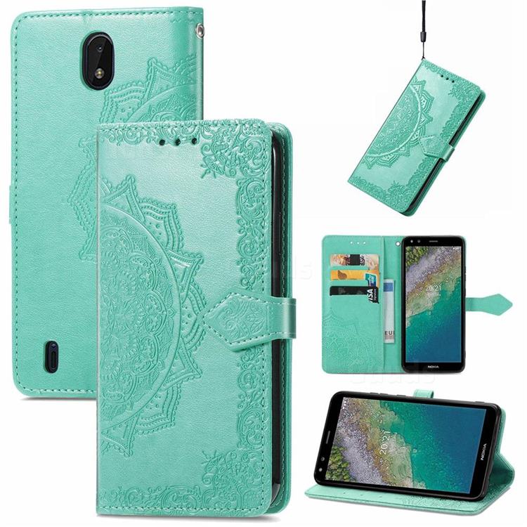 Embossing Imprint Mandala Flower Leather Wallet Case for Nokia C01 Plus - Green