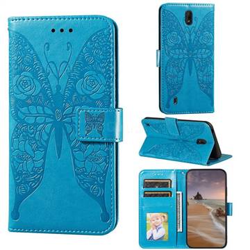 Intricate Embossing Rose Flower Butterfly Leather Wallet Case for Nokia C1 - Blue