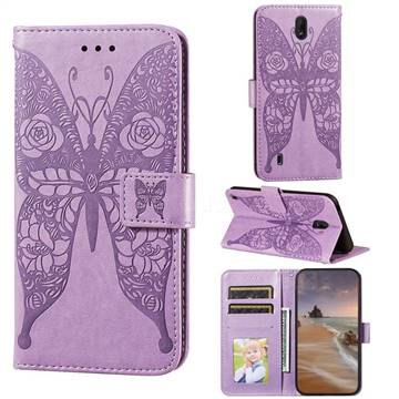 Intricate Embossing Rose Flower Butterfly Leather Wallet Case for Nokia C1 - Purple