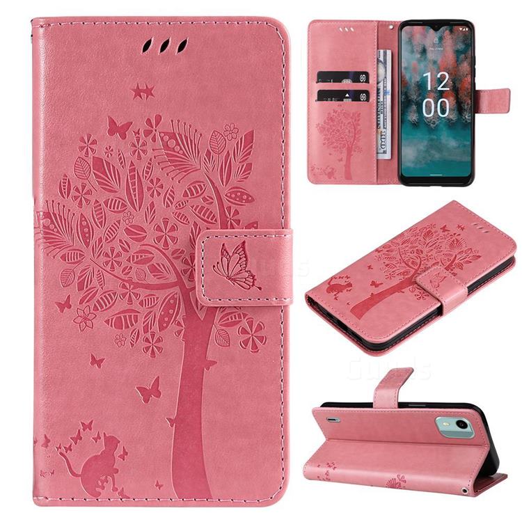 Embossing Butterfly Tree Leather Wallet Case for Nokia C12 - Pink