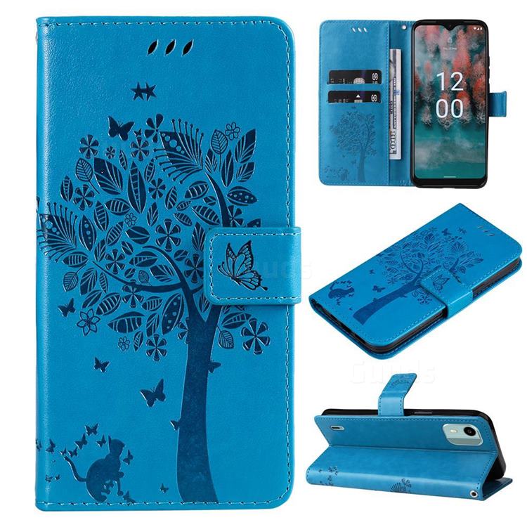Embossing Butterfly Tree Leather Wallet Case for Nokia C12 - Blue