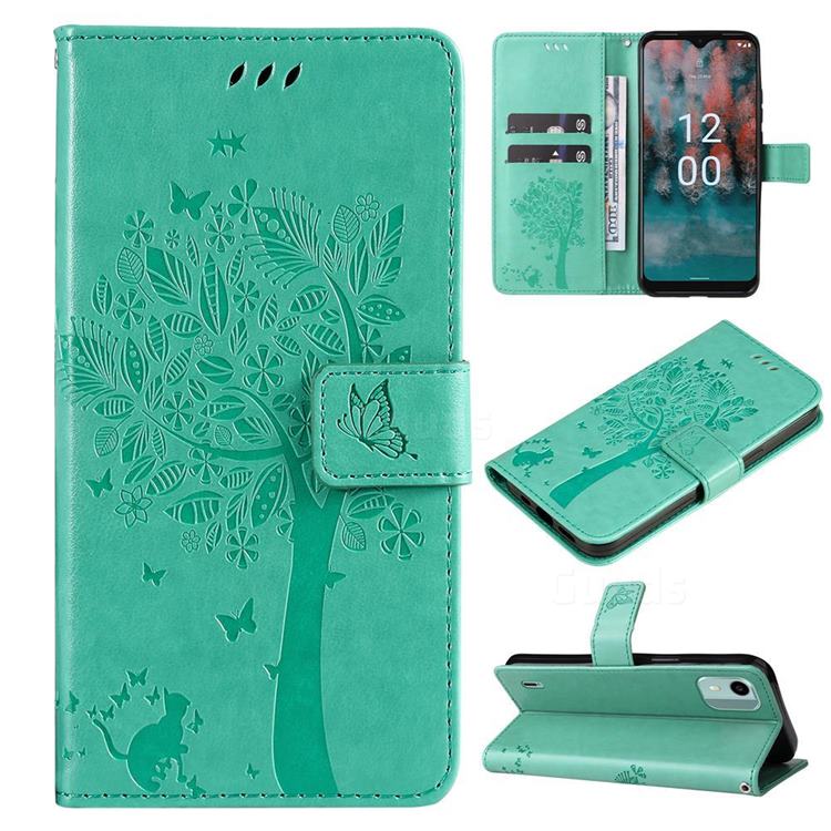 Embossing Butterfly Tree Leather Wallet Case for Nokia C12 - Cyan