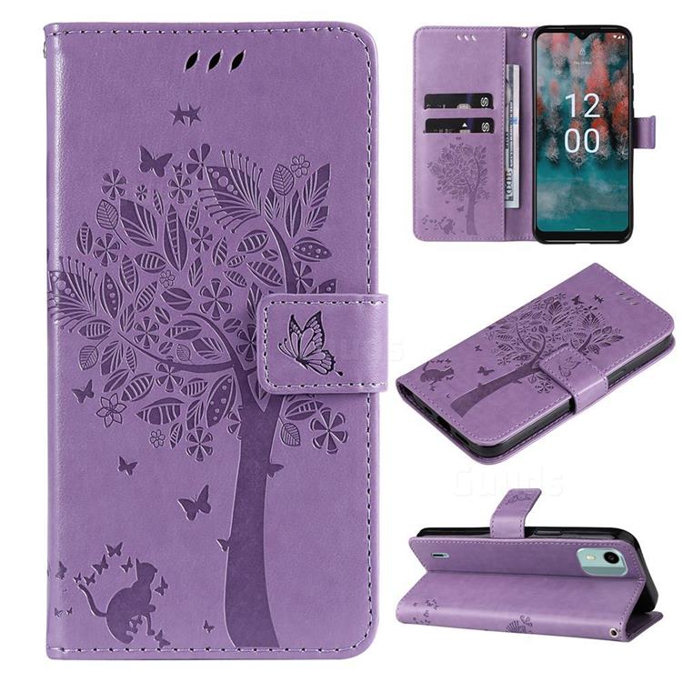 Embossing Butterfly Tree Leather Wallet Case for Nokia C12 - Violet