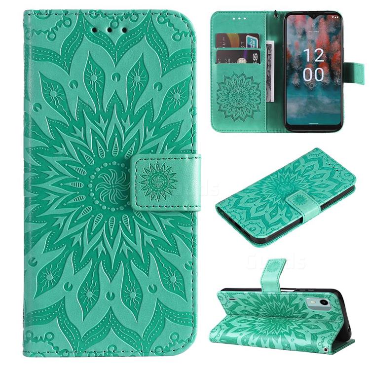 Embossing Sunflower Leather Wallet Case for Nokia C12 - Green