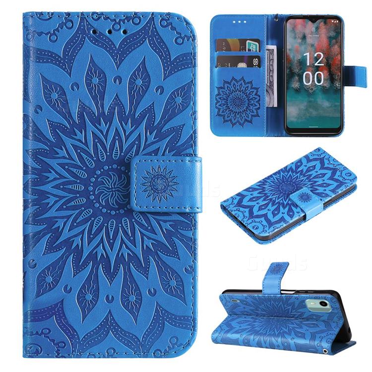 Embossing Sunflower Leather Wallet Case for Nokia C12 - Blue