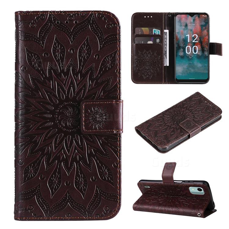 Embossing Sunflower Leather Wallet Case for Nokia C12 - Brown