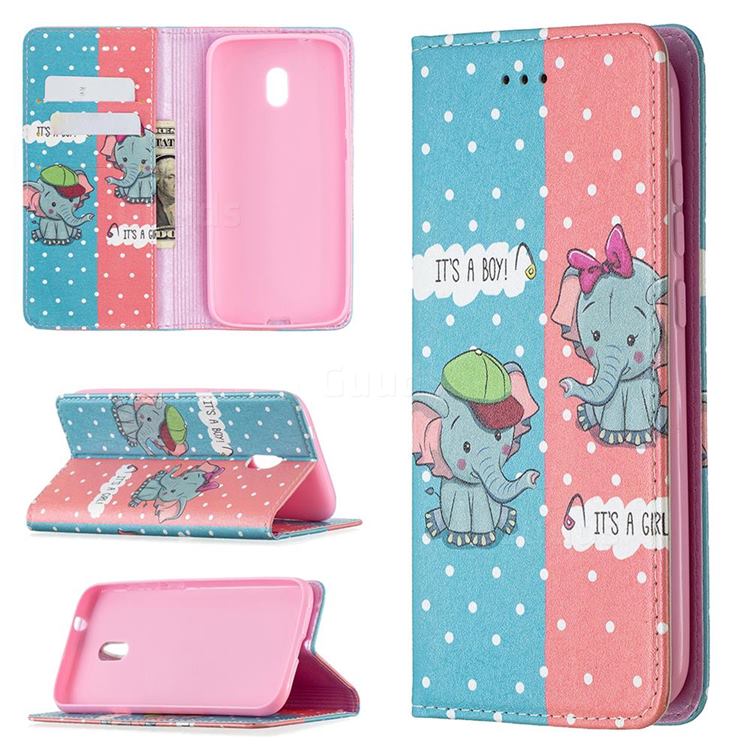 Elephant Boy and Girl Slim Magnetic Attraction Wallet Flip Cover for Nokia C1 Plus