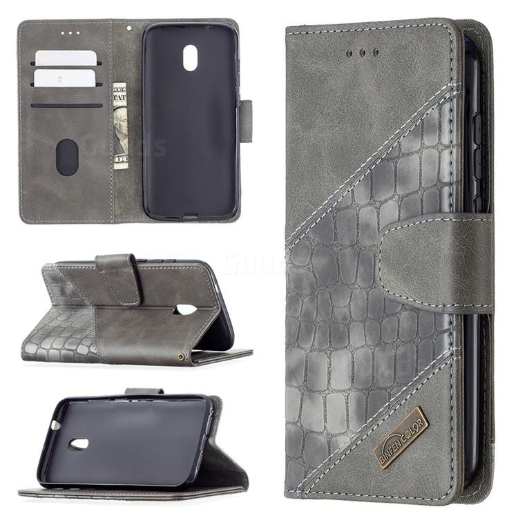 BinfenColor BF04 Color Block Stitching Crocodile Leather Case Cover for Nokia C1 Plus - Gray