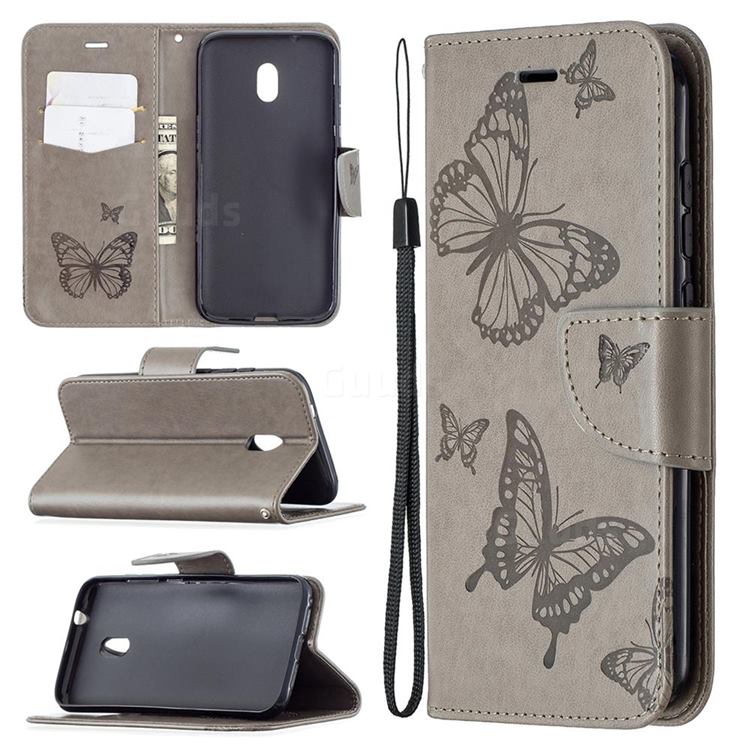 Embossing Double Butterfly Leather Wallet Case for Nokia C1 Plus - Gray