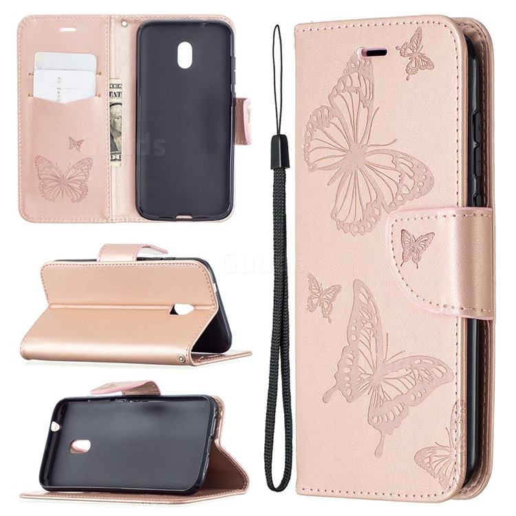 Embossing Double Butterfly Leather Wallet Case for Nokia C1 Plus - Rose Gold