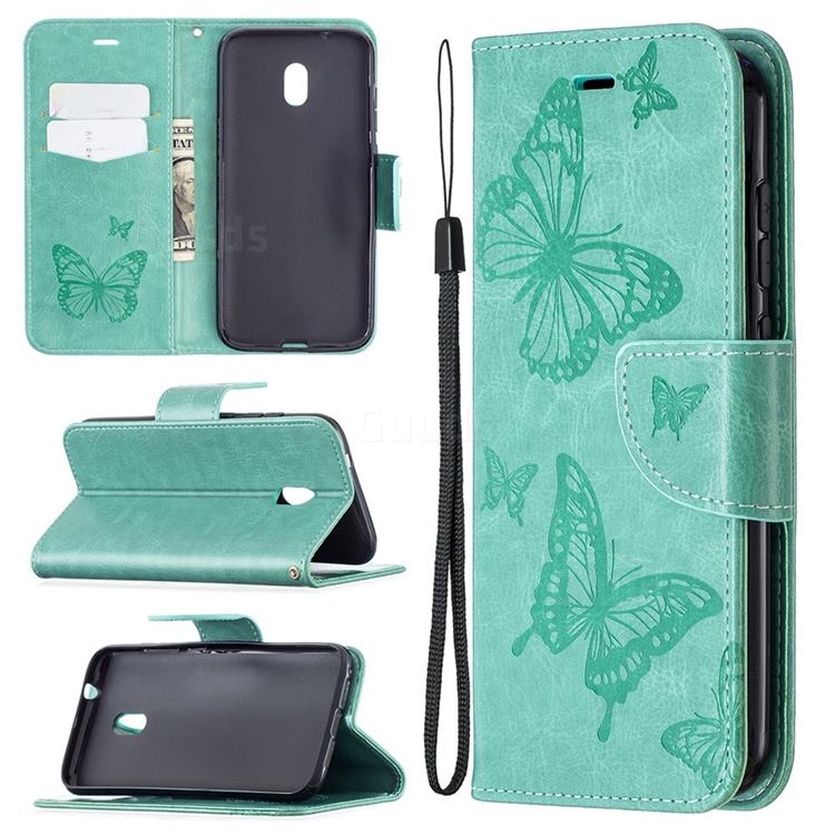 Embossing Double Butterfly Leather Wallet Case for Nokia C1 Plus - Green
