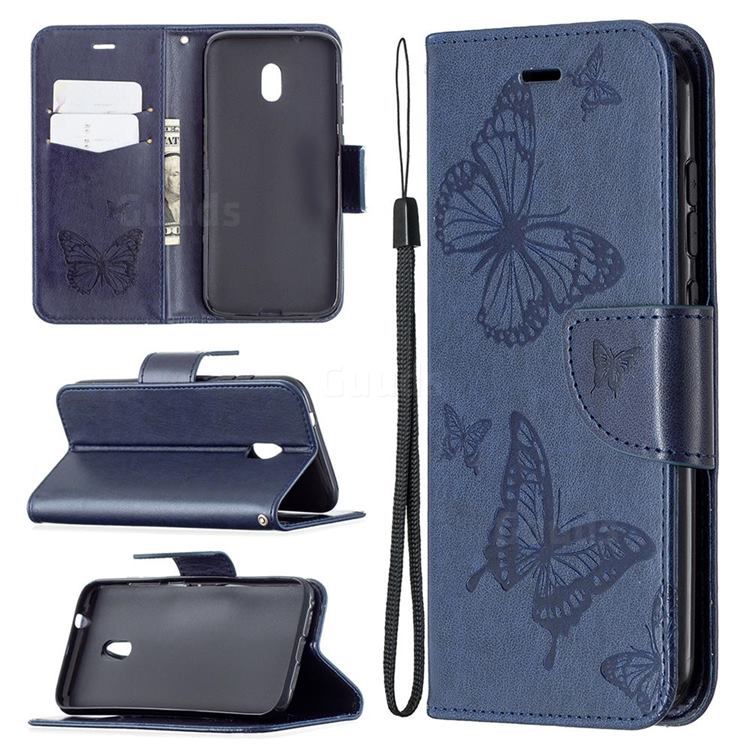 Embossing Double Butterfly Leather Wallet Case for Nokia C1 Plus - Dark Blue