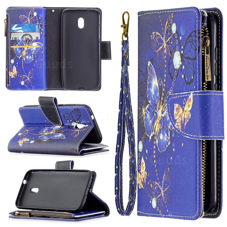 Purple Butterfly Binfen Color BF03 Retro Zipper Leather Wallet Phone Case for Nokia C1 Plus
