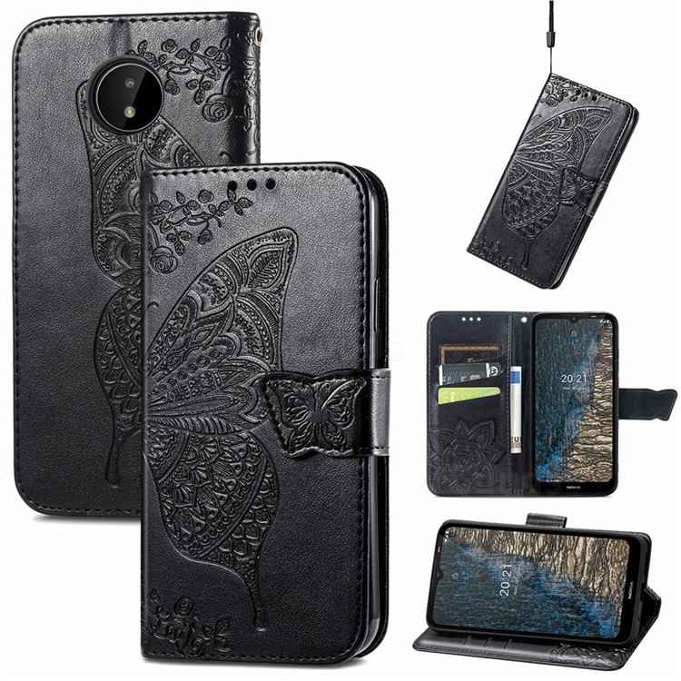 Embossing Mandala Flower Butterfly Leather Wallet Case for Nokia C20 - Black