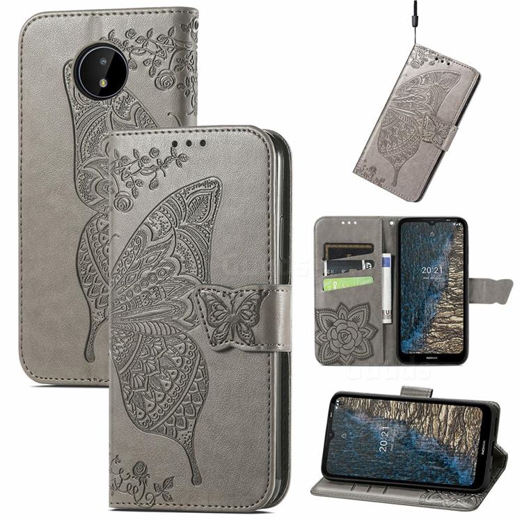 Embossing Mandala Flower Butterfly Leather Wallet Case for Nokia C20 - Gray