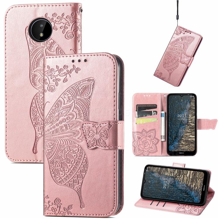 Embossing Mandala Flower Butterfly Leather Wallet Case for Nokia C20 - Rose Gold