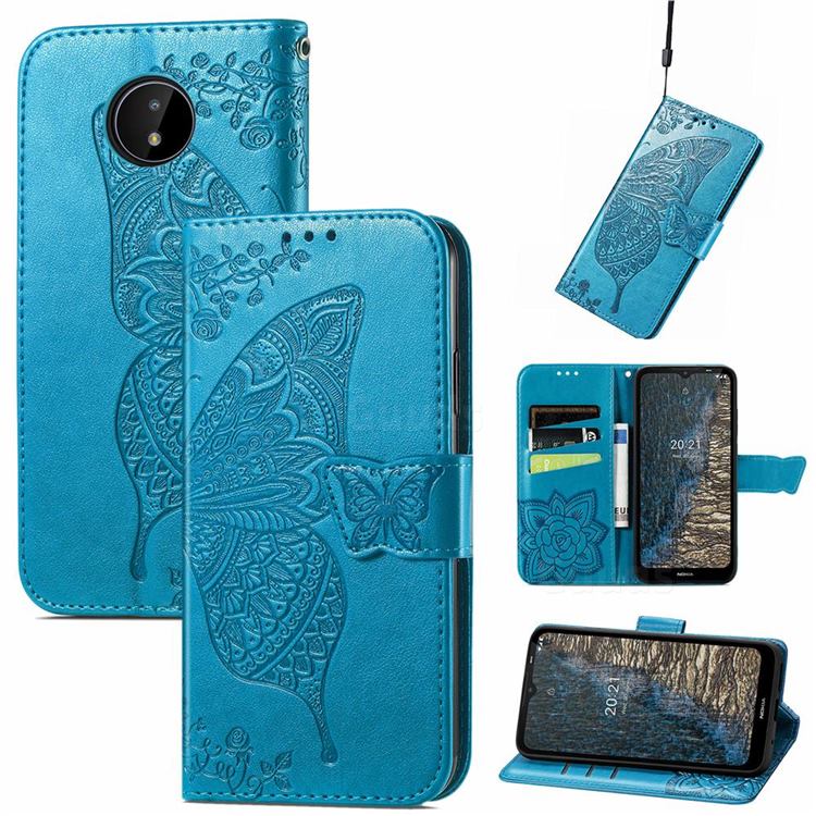 Embossing Mandala Flower Butterfly Leather Wallet Case for Nokia C20 - Blue