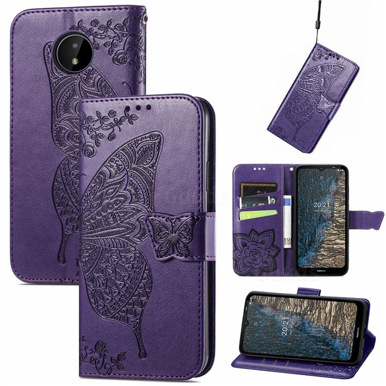 Embossing Mandala Flower Butterfly Leather Wallet Case for Nokia C20 - Dark Purple