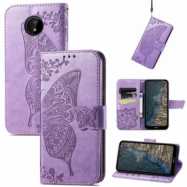 Embossing Mandala Flower Butterfly Leather Wallet Case for Nokia C20 - Light Purple