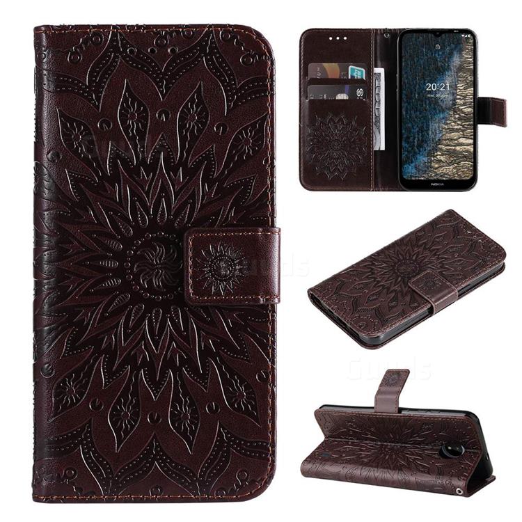 Embossing Sunflower Leather Wallet Case for Nokia C20 - Brown