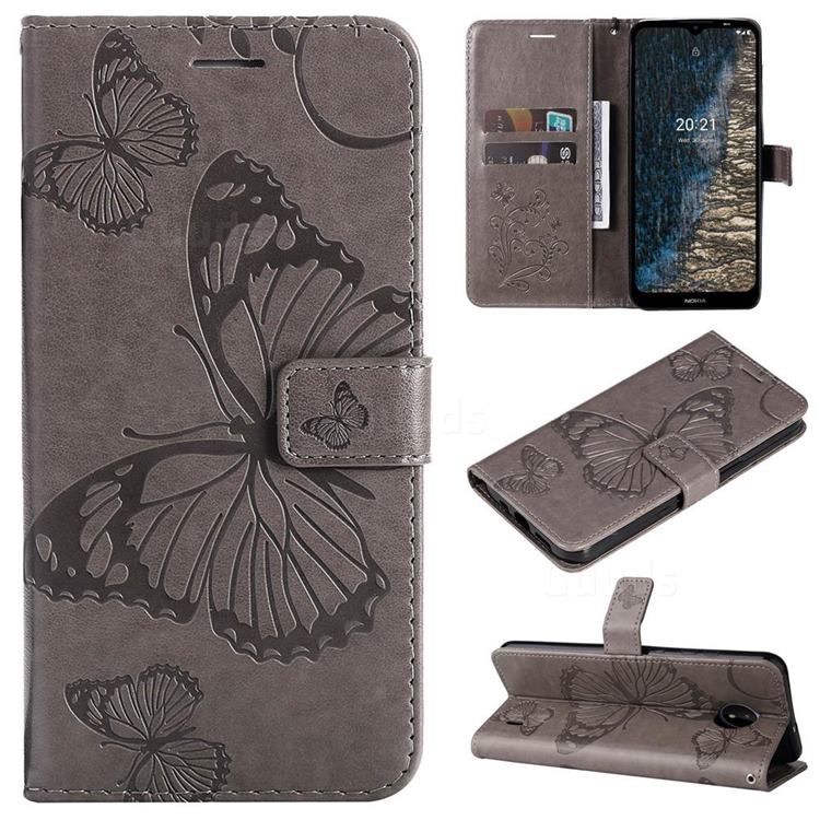 Embossing 3D Butterfly Leather Wallet Case for Nokia C20 - Gray