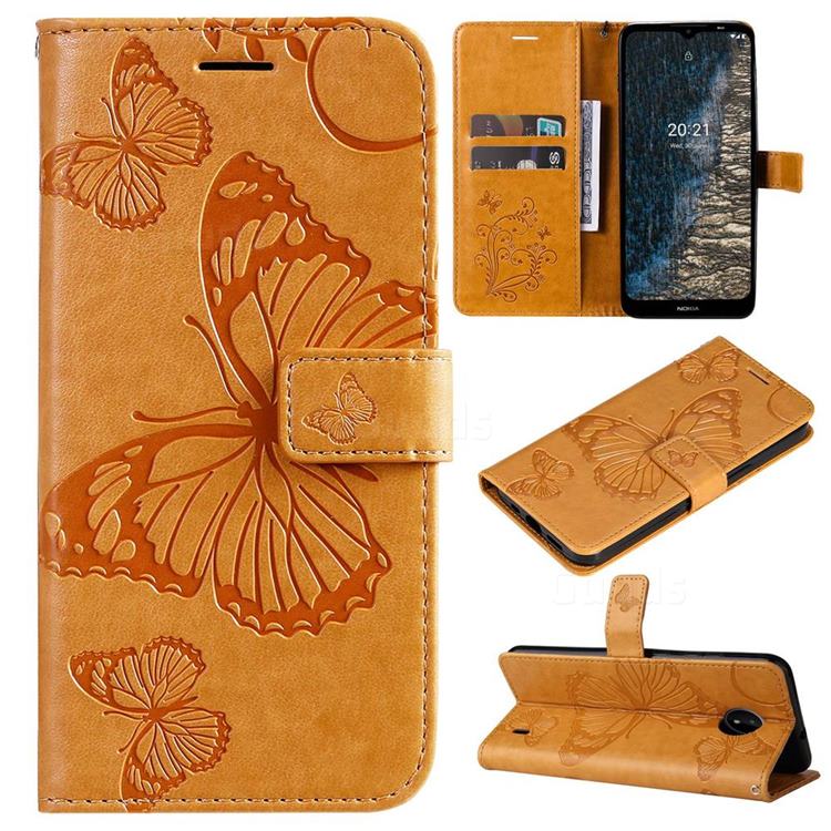 Embossing 3D Butterfly Leather Wallet Case for Nokia C20 - Yellow