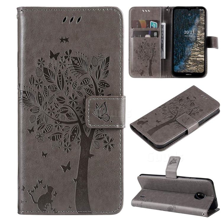 Embossing Butterfly Tree Leather Wallet Case for Nokia C20 - Grey