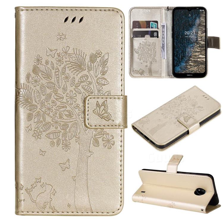 Embossing Butterfly Tree Leather Wallet Case for Nokia C20 - Champagne