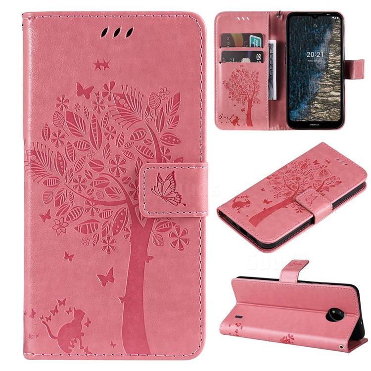 Embossing Butterfly Tree Leather Wallet Case for Nokia C20 - Pink