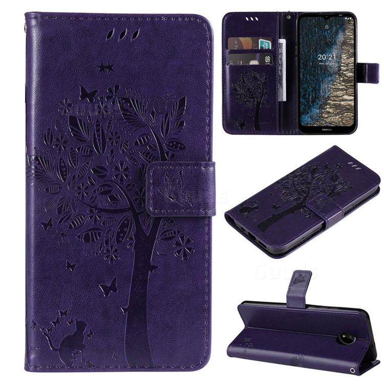 Embossing Butterfly Tree Leather Wallet Case for Nokia C20 - Purple