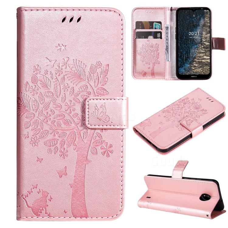 Embossing Butterfly Tree Leather Wallet Case for Nokia C20 - Rose Pink