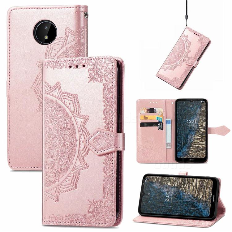 Embossing Imprint Mandala Flower Leather Wallet Case for Nokia C20 - Rose Gold