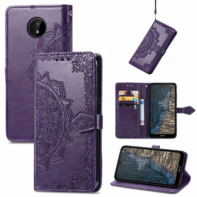 Embossing Imprint Mandala Flower Leather Wallet Case for Nokia C20 - Purple