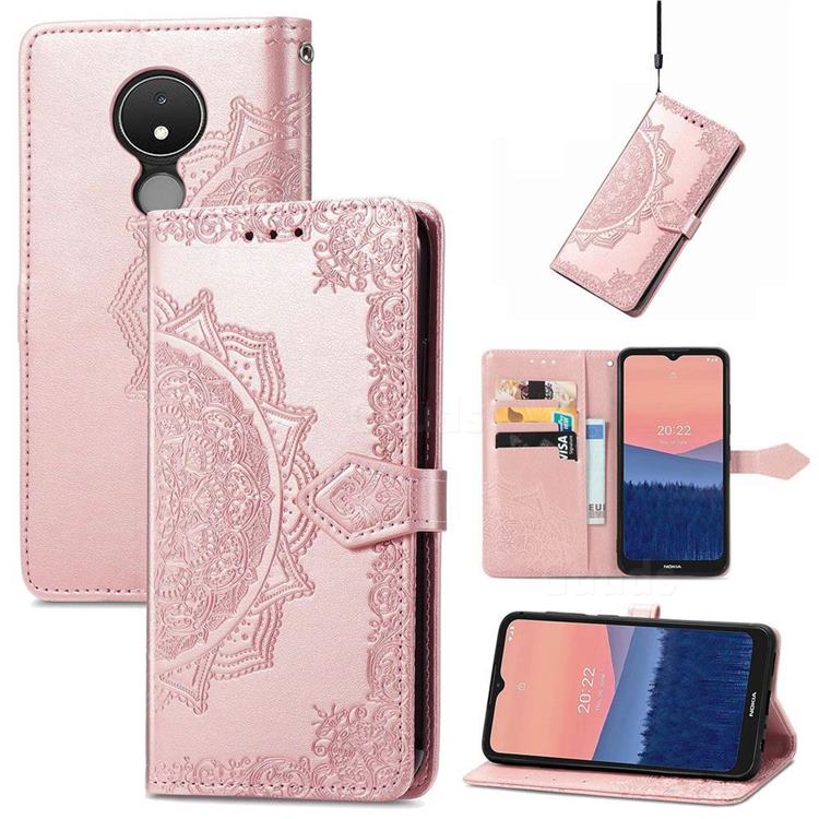 Embossing Imprint Mandala Flower Leather Wallet Case for Nokia C21 - Rose Gold