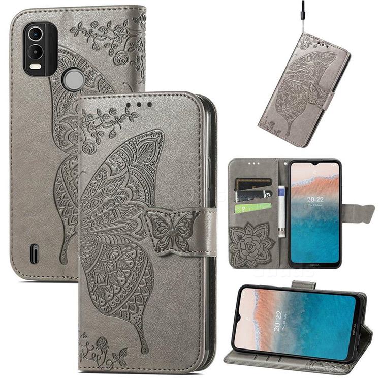 Embossing Mandala Flower Butterfly Leather Wallet Case for Nokia C21 Plus - Gray