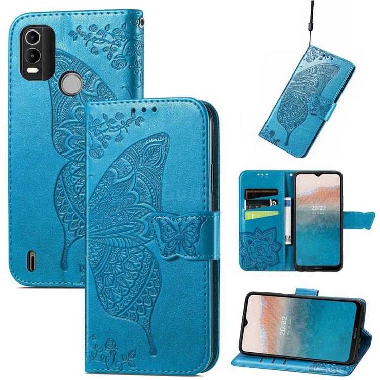 Embossing Mandala Flower Butterfly Leather Wallet Case for Nokia C21 Plus - Blue