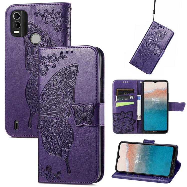 Embossing Mandala Flower Butterfly Leather Wallet Case for Nokia C21 Plus - Dark Purple