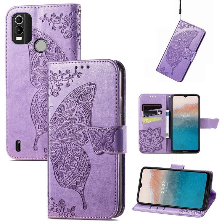 Embossing Mandala Flower Butterfly Leather Wallet Case for Nokia C21 Plus - Light Purple