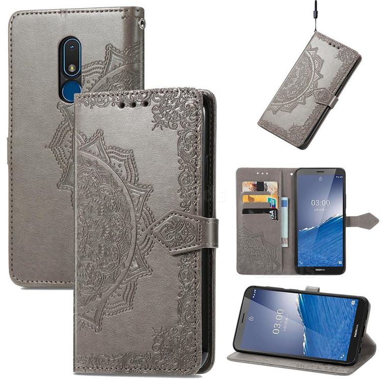 Embossing Imprint Mandala Flower Leather Wallet Case for Nokia C3 - Gray