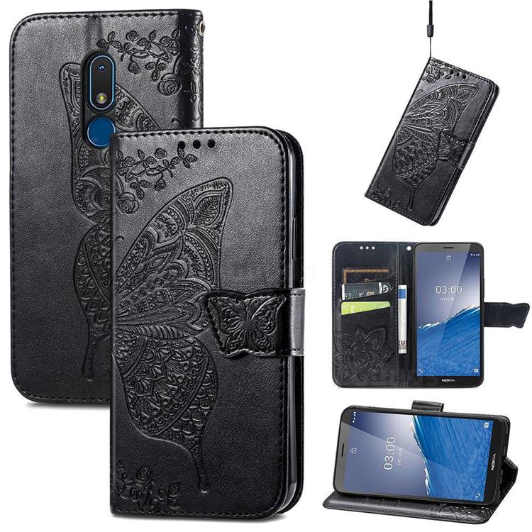 Embossing Mandala Flower Butterfly Leather Wallet Case for Nokia C3 - Black