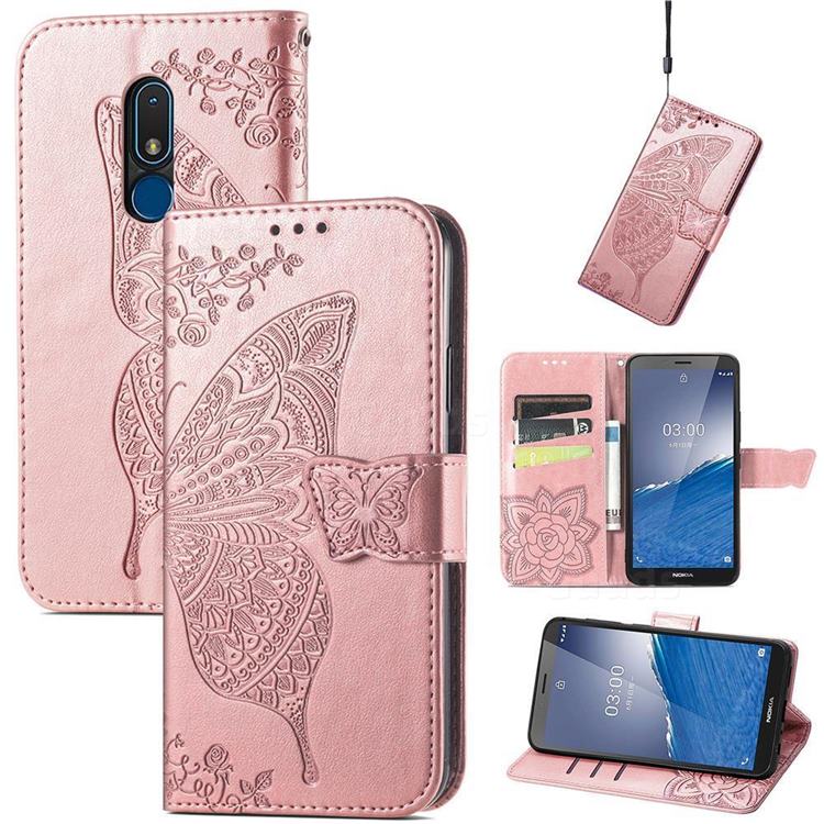 Embossing Mandala Flower Butterfly Leather Wallet Case for Nokia C3 - Rose Gold