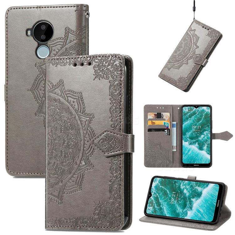 Embossing Imprint Mandala Flower Leather Wallet Case for Nokia C30 - Gray