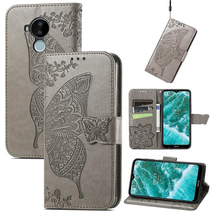 Embossing Mandala Flower Butterfly Leather Wallet Case for Nokia C30 - Gray