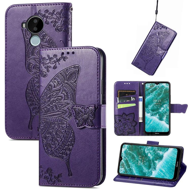 Embossing Mandala Flower Butterfly Leather Wallet Case for Nokia C30 - Dark Purple