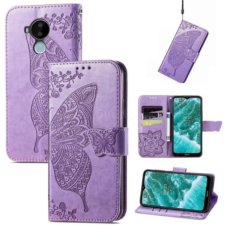Embossing Mandala Flower Butterfly Leather Wallet Case for Nokia C30 - Light Purple